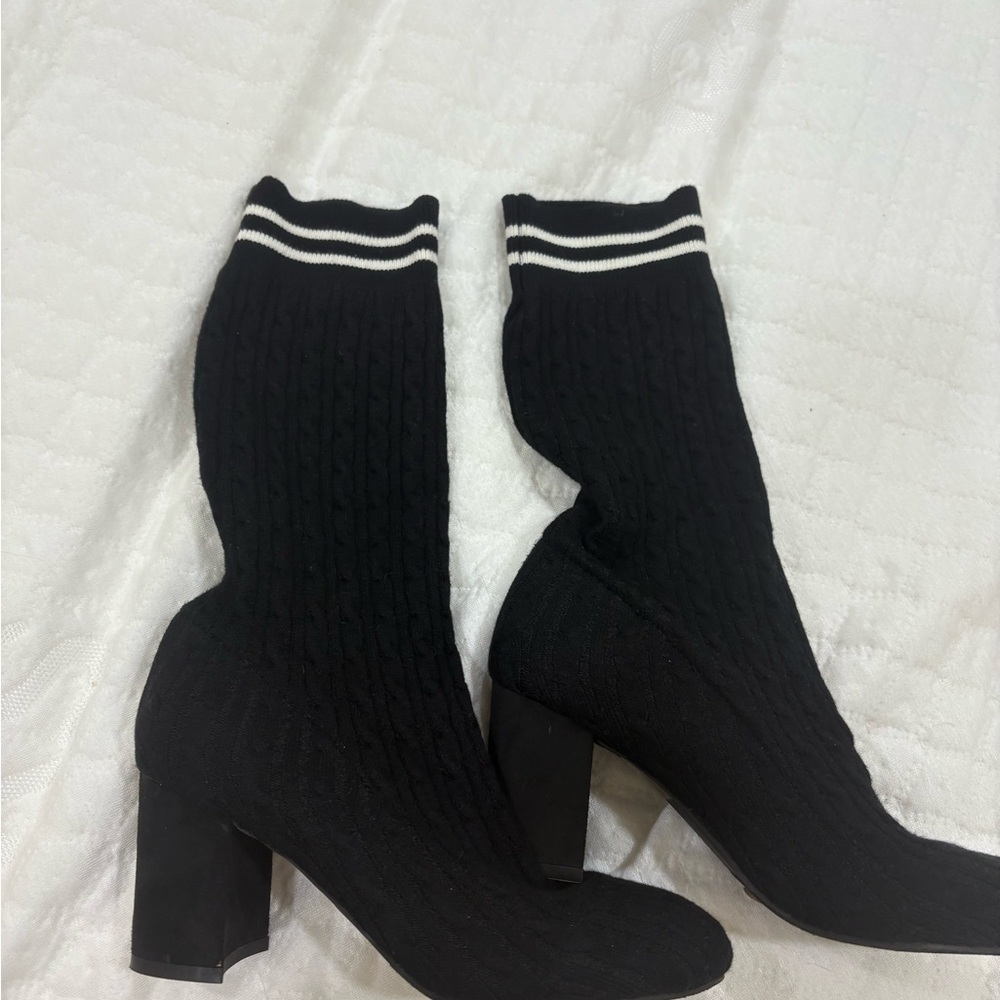 Black Knit  Boots with Striped Cuff